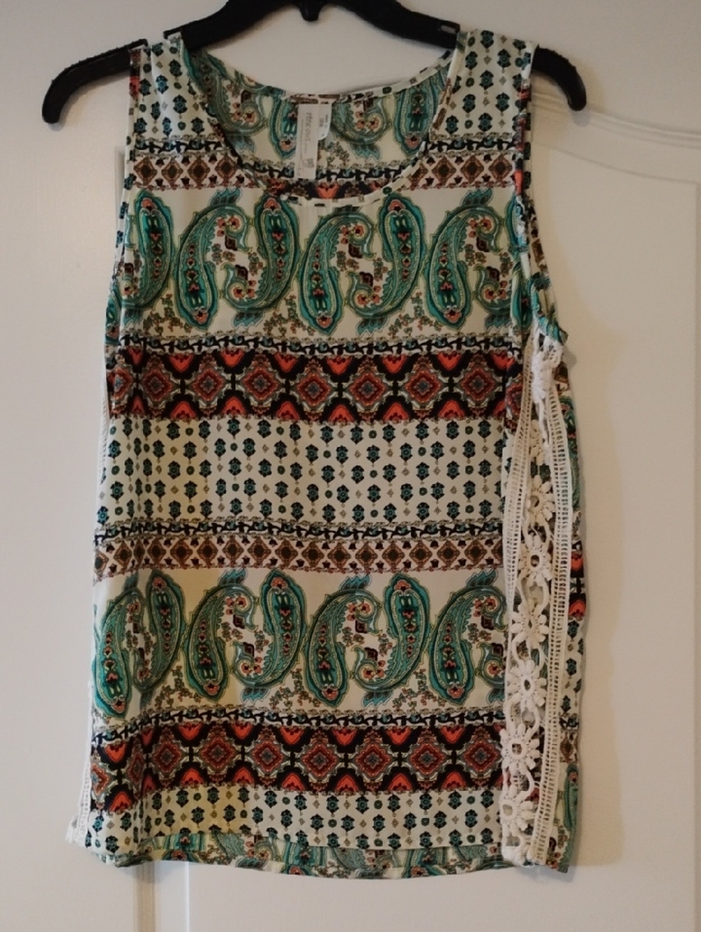 Pink Owl Sleeveless Paisley Stripe Tank Top in White, Teal & Rust